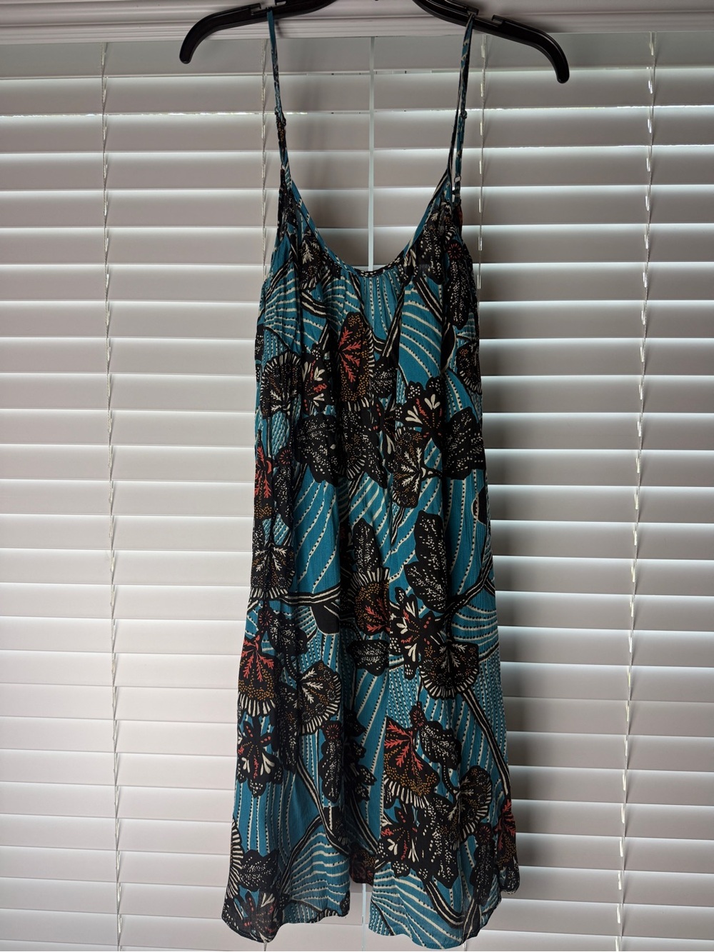 Anthropologie Teal and Black Floral V-Neck Dress